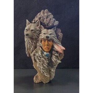 VTG Native American Warrior Wolf Headdress Bust Resin Sculpture 9.25” Cabin Deco